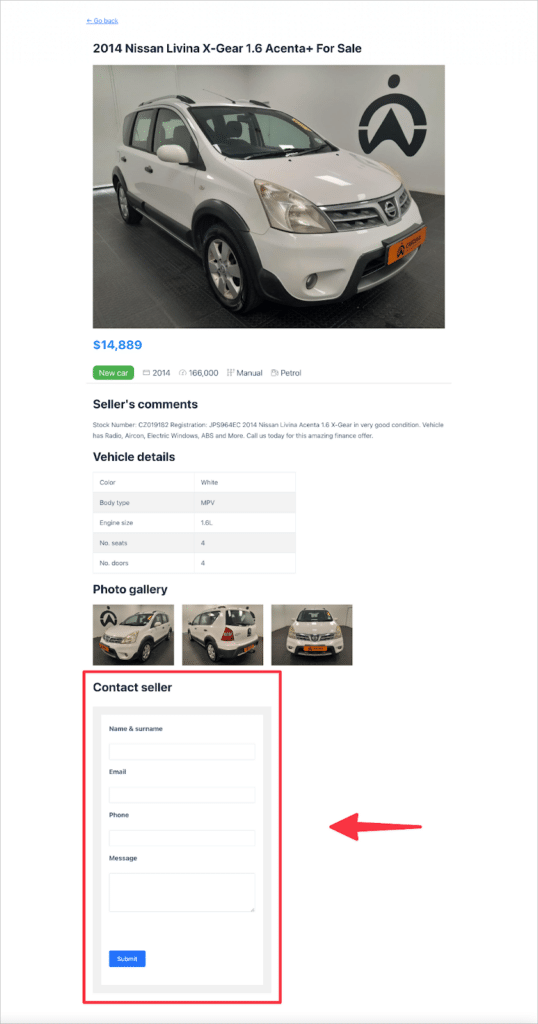 A contact seller form on a used car listing