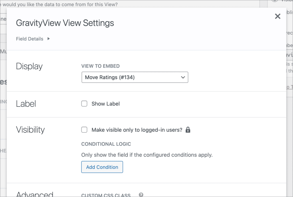 The GravityView View field settings