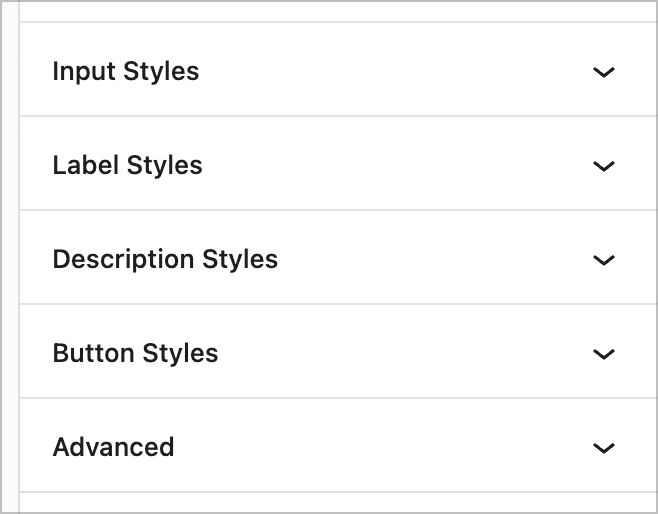 Panels in the WordPress editor for styling different aspects of a Gravity Form