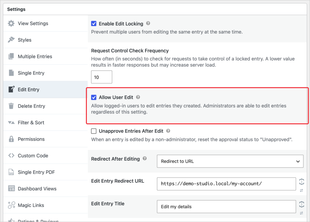 The Edit Entry tab of the GravityView View settings with Allow User Edit checked, Redirect After Editing set to a URL and the Edit Entry Title set to Edit my details