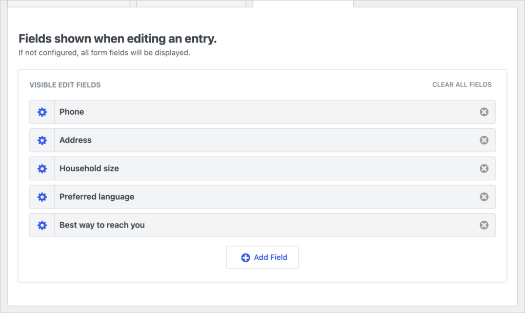The Edit Entry Layout tab in GravityView with the Phone, Address, Household size, Preferred language and Best way to reach you fields