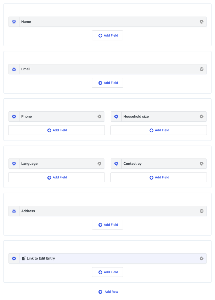 The Multiple Entries Layout of the My profile View in Layout Builder: six rows holding Name, Email, Phone and Household size, Language and Contact by, Address, and a Link to Edit Entry field