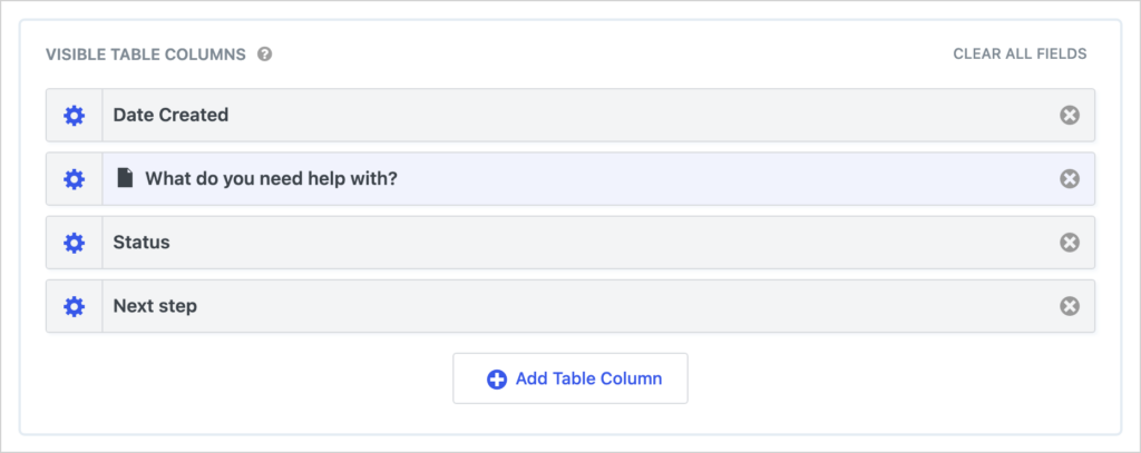The table columns of the My requests View: Date Created, What do you need help with?, Status and Next step