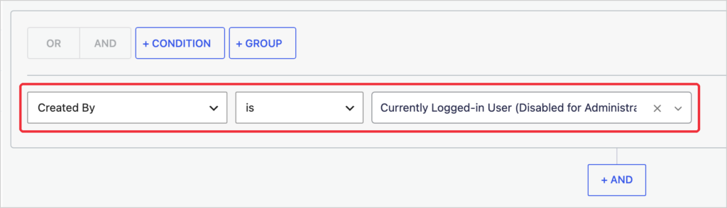 The Advanced Filter in GravityView with the condition Created By is Currently Logged-in User (Disabled for Administrators)