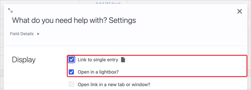 Field settings for the request type column in GravityView with Link to single entry and Open in a lightbox checked