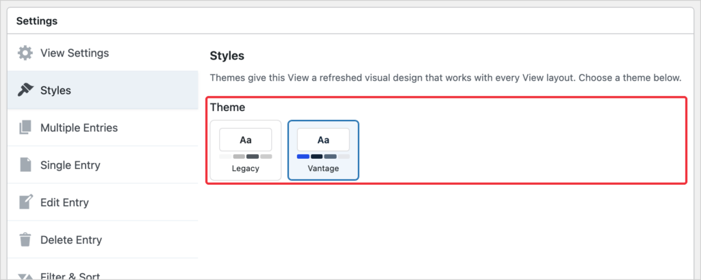 The Styles tab in the GravityView View settings with the Vantage theme selected