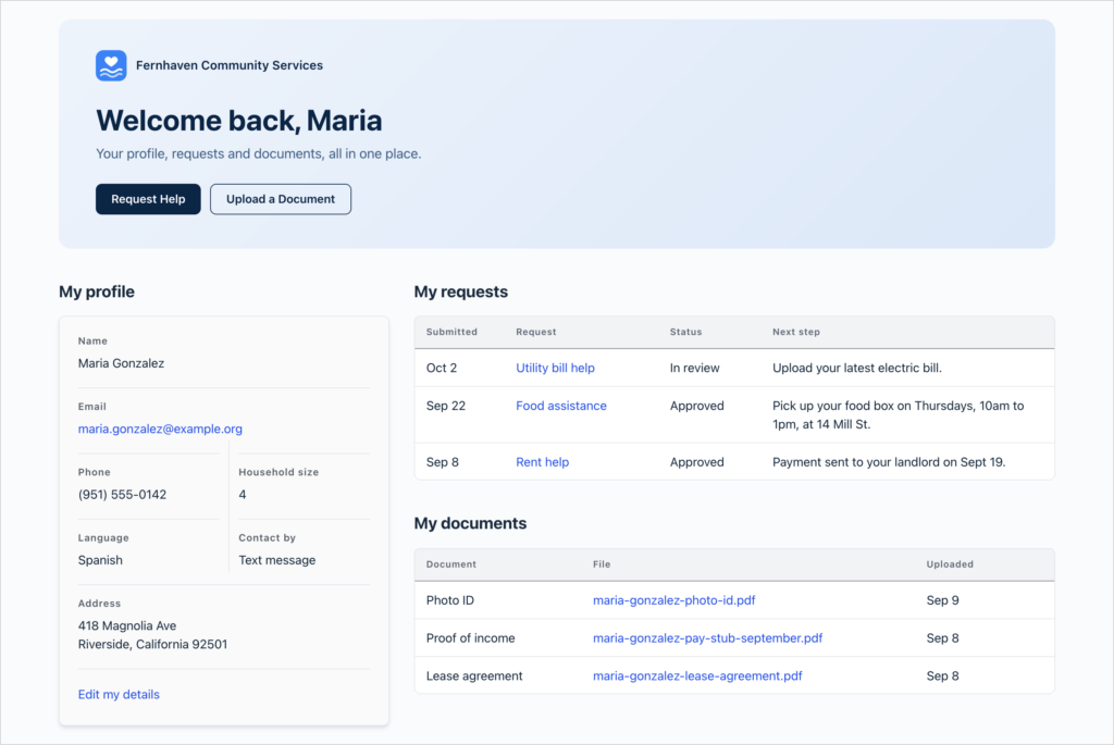 A client portal for a community services nonprofit built with GravityView, with a welcome header, a profile card with the client's contact details, a table of their help requests with status and next step, and a table of their uploaded documents