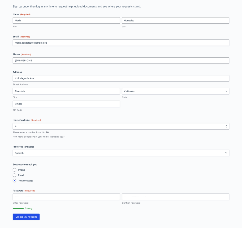 The Client sign-up form on the front end, filled in with a name, email, phone, address, household size, preferred language, contact preference and password
