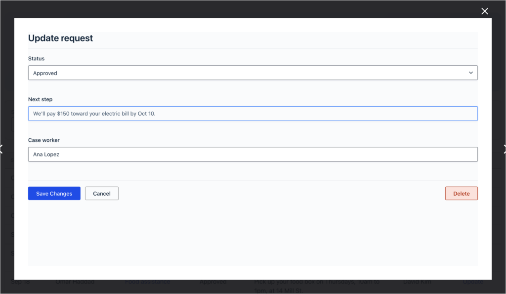 The Update request form in a lightbox with Status set to Approved, a new next step and the case worker