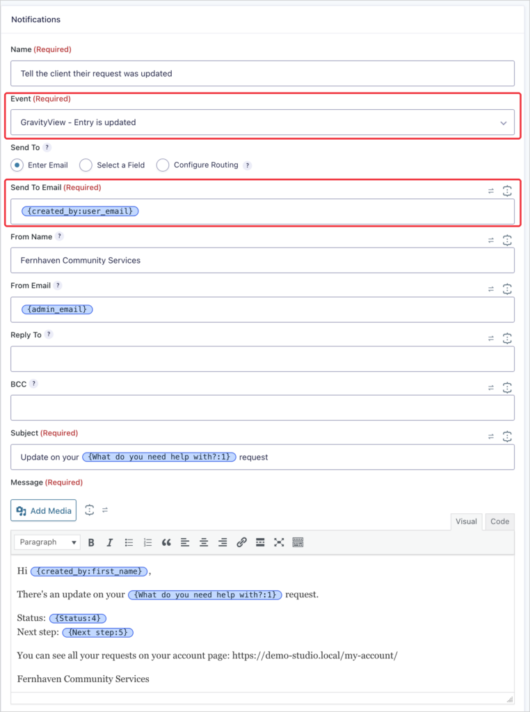 A Gravity Forms notification with the event set to GravityView - Entry is updated and Send To Email set to the created_by user_email merge tag