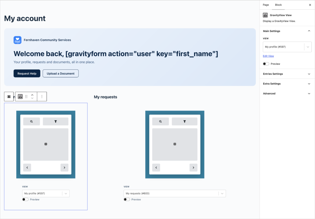 The My account page in the WordPress block editor: a light blue header group with the logo, a Welcome back heading with the User Registration first name shortcode and two buttons, and GravityView View blocks in two columns