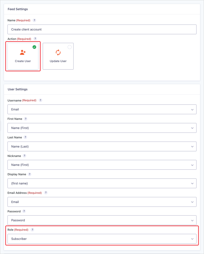 User Registration feed settings in Gravity Forms with Create User selected and the Email, Name and Password fields mapped to the new account, with the Subscriber role
