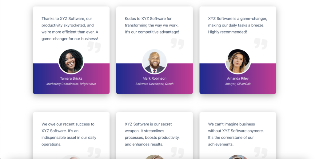 Testimonials displayed on a page using a modern design