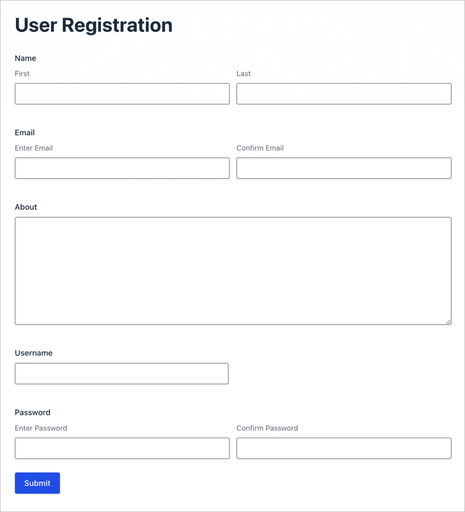 A user registration form built using Gravity Forms