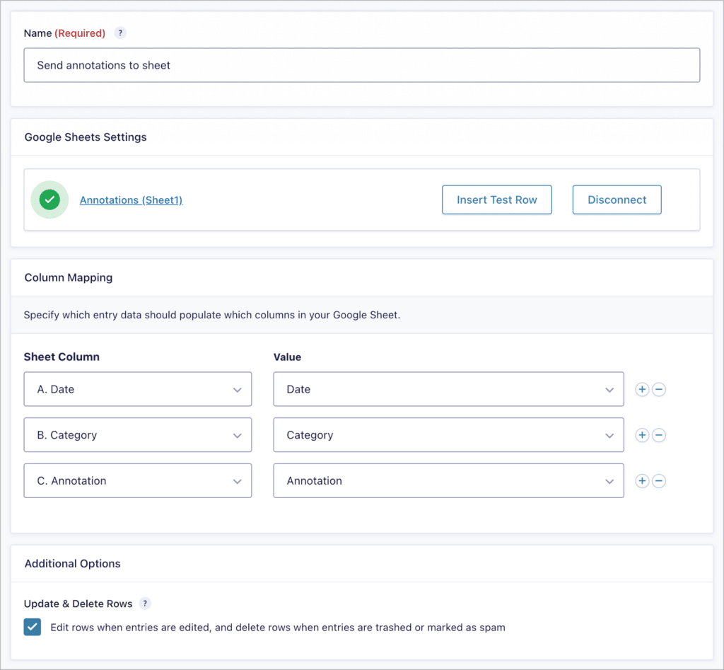 A Google Sheets feed for sending form data to a Google Sheet