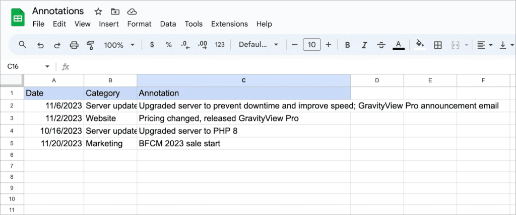 Annotations in Google Sheets