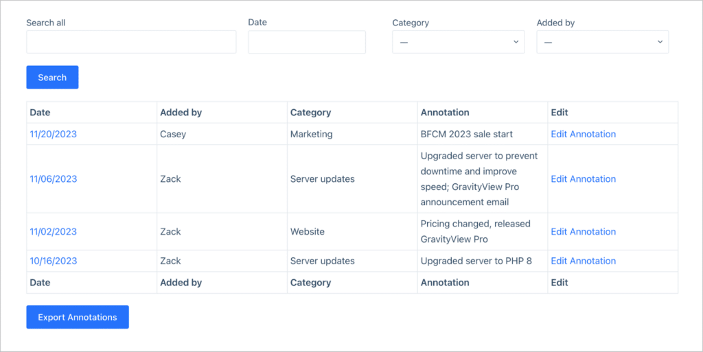 A table containing annotations, with a search bar at the top, and an export button below