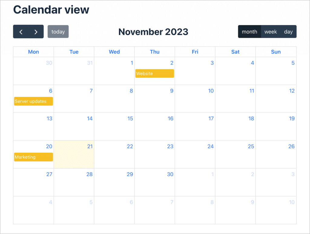 A GravityCalendar showing annotations by date