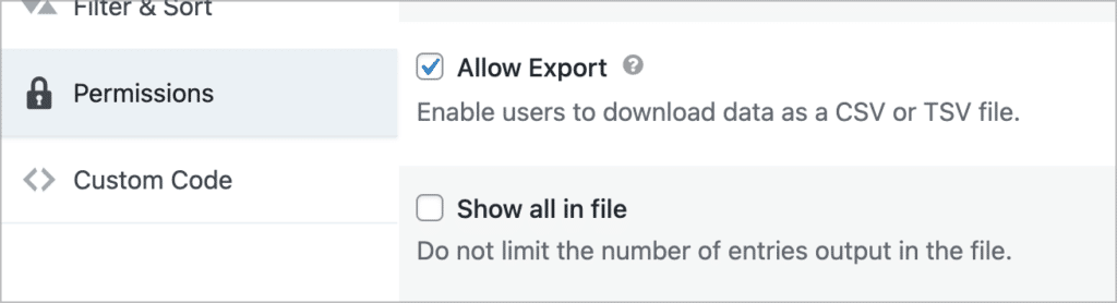 GravityView—"Allow export" setting