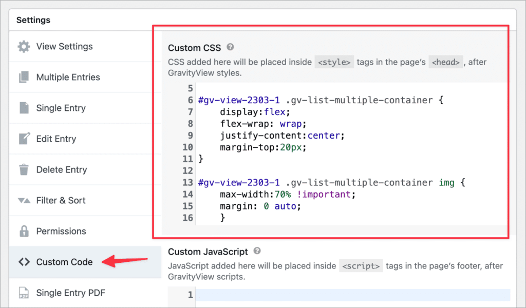 The Custom Code settings panel in GravityView, allowing you to add custom CSS/JS code to Views
