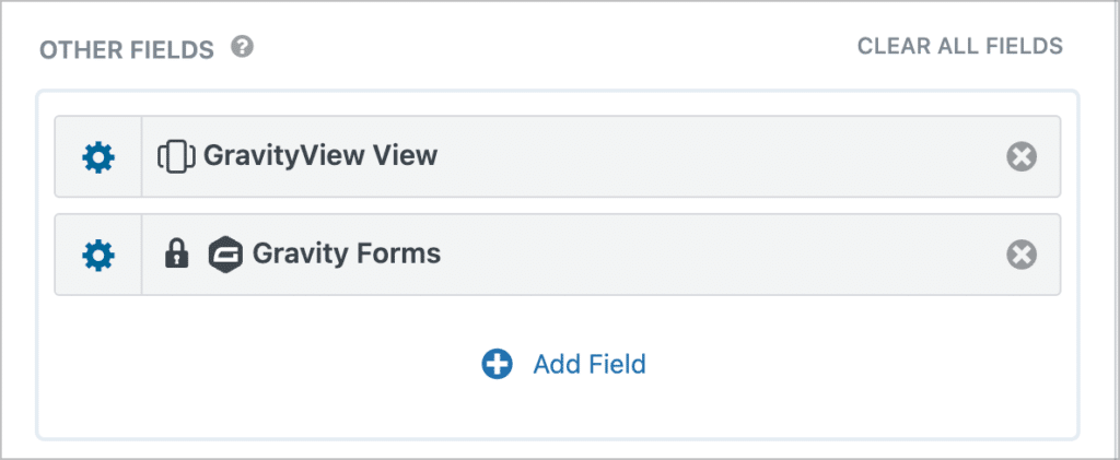 The 'GravityView View' and "Gravity Forms' fields inside the View editor