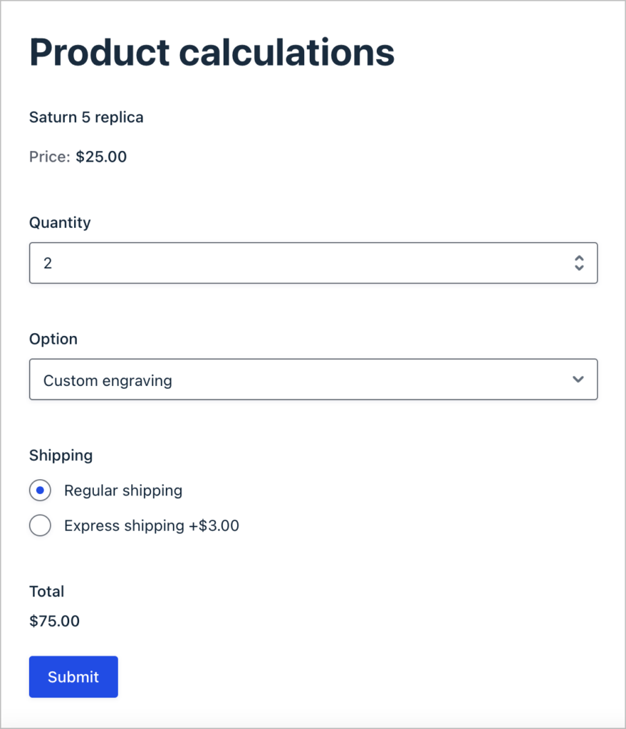 A form on the front end showing the product name, quantity, and shipping costs