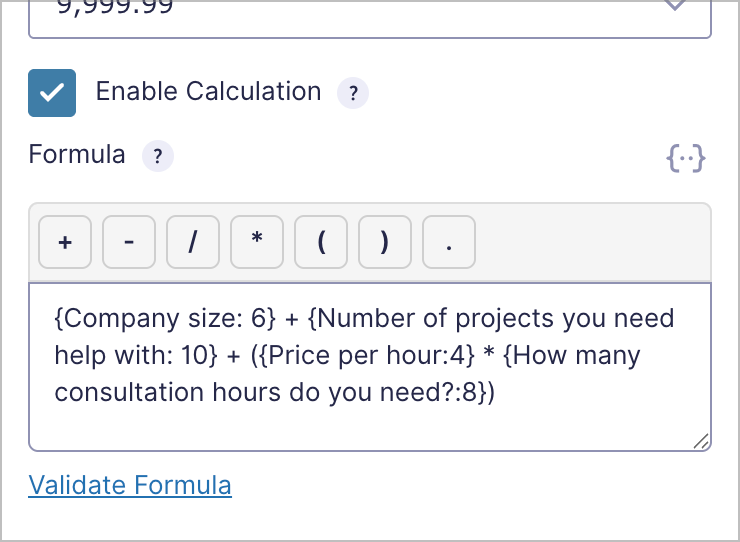 A calculation written using Gravity Forms merge tags