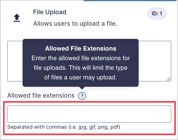 An input box labeled 'Allowed file extensions'