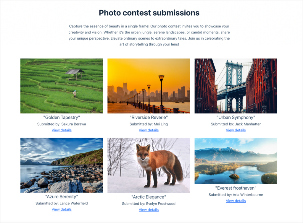 A gallery of photos submitted to a contest