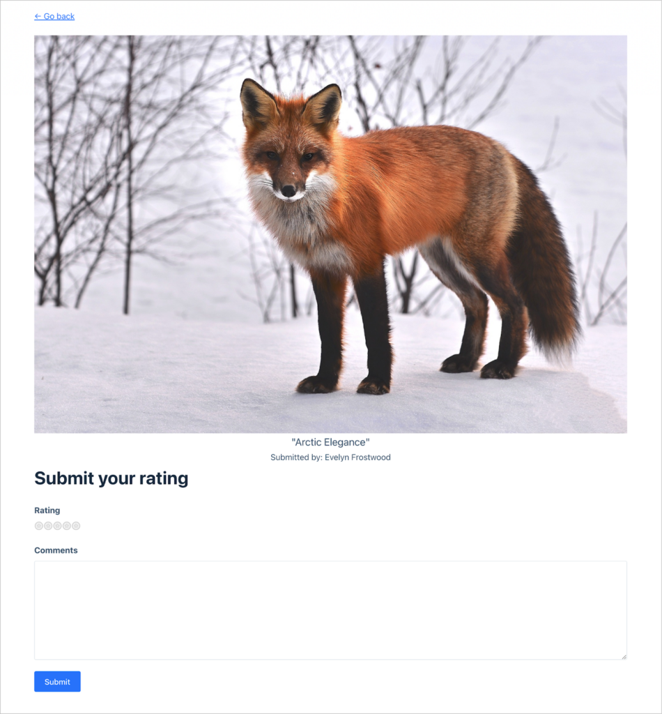 A photograph of a fox in the snow. Underneath is a form allowing a judge to rate the photo from 1-5 stars and submit a comment