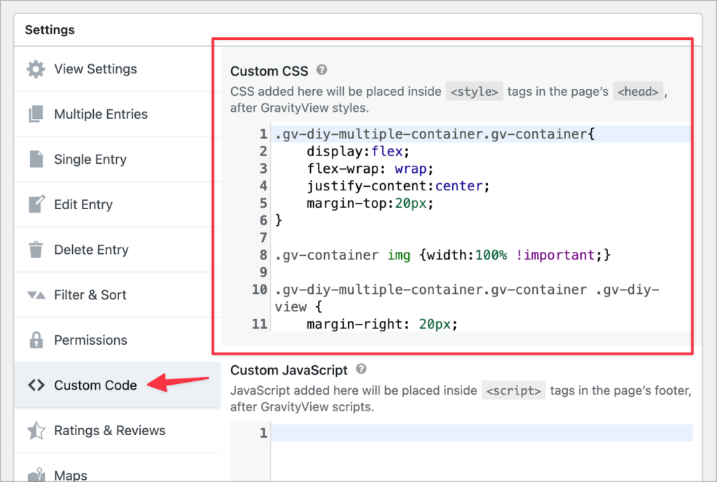 The 'Custom Code' panel in the GravityView View settings, allowing users to add custom CSS and JS code to Views