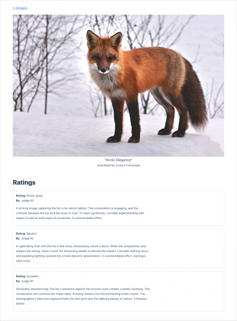 A photograph of a fox in the snow. Underneath is a list of ratings and comments.