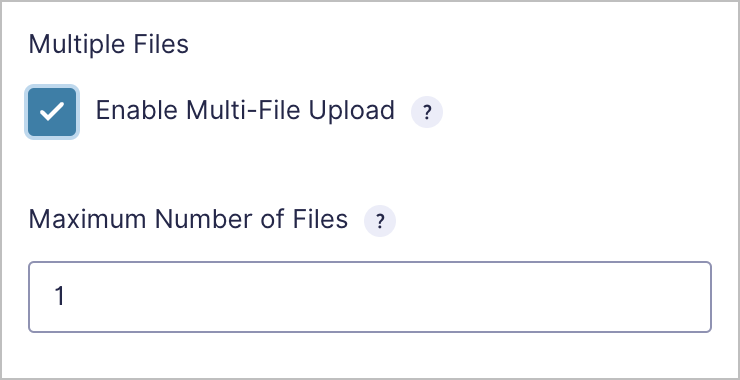 The 'Enable Multi-File Upload' box is checked and the 'Maximum Number of Files is set to "1".