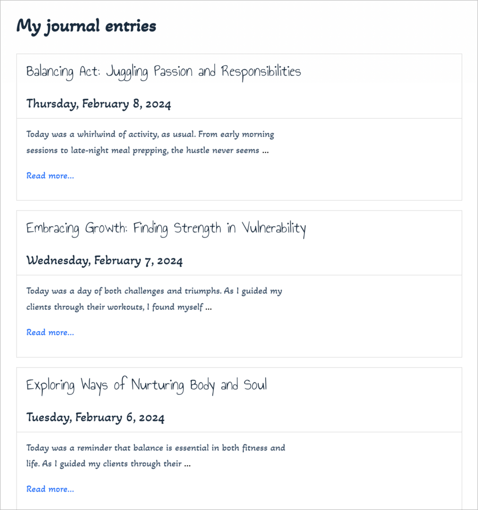 A user's journal entries, displayed using GravityView