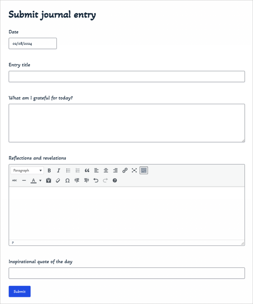 A Gravity Form for users to submit entries to their personal journal