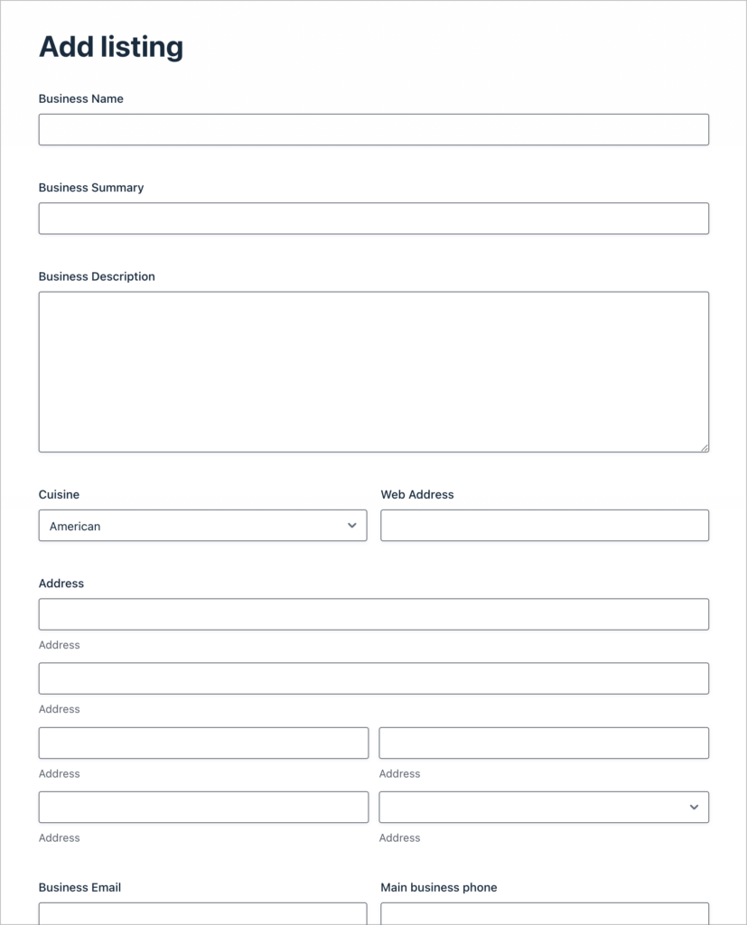a form titled 'add listing'