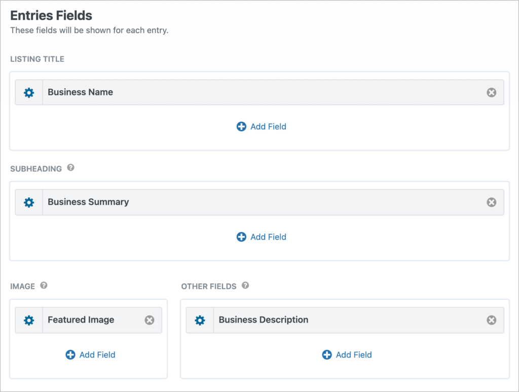 The Entries Fields section in the GravityView View editor