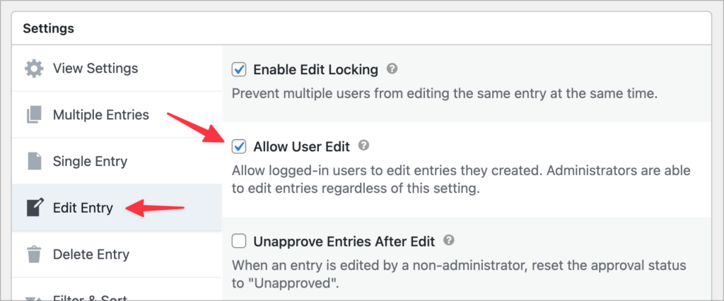 The GravityView Edit Entry settings with an arrow pointing to the 'Allow User Edit' checkbox