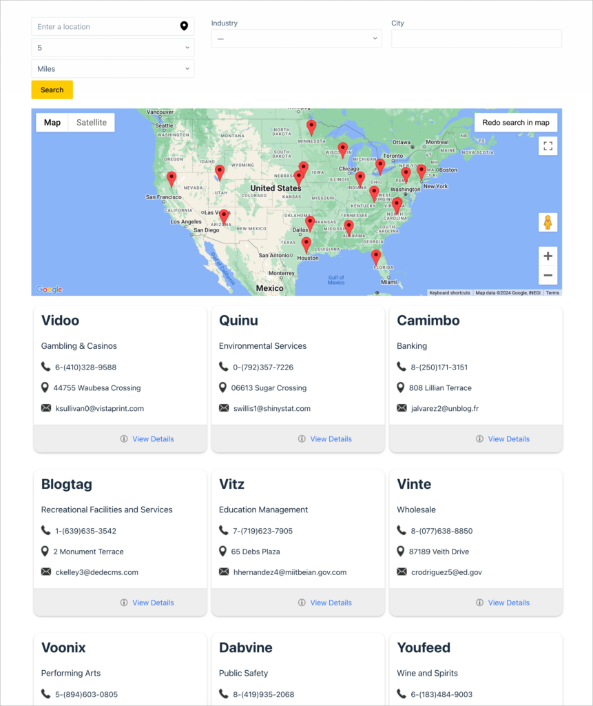 A Gravity Forms business directory with a map