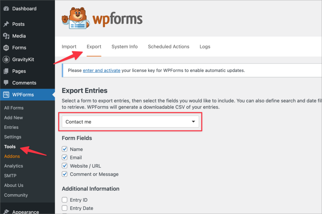 The WPForms 'Tools' page in WordPress with an arrow pointing to the 'Export' tab 