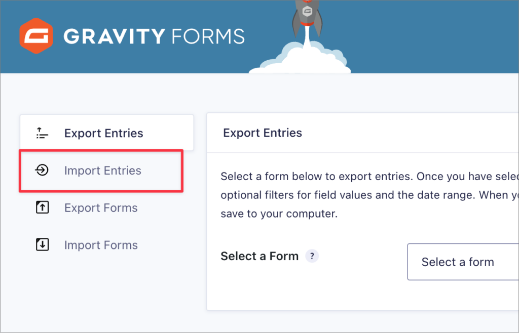 The 'Import Entries' tab in Gravity Forms
