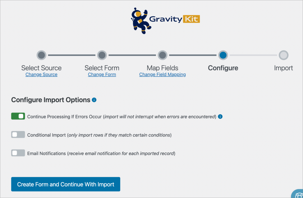 The Import Entries Import Options screen showing showing ways to customize your import