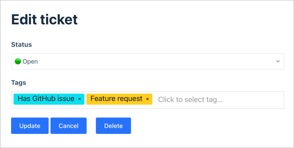 A page allowing users to edit tickets, including their status and tags.