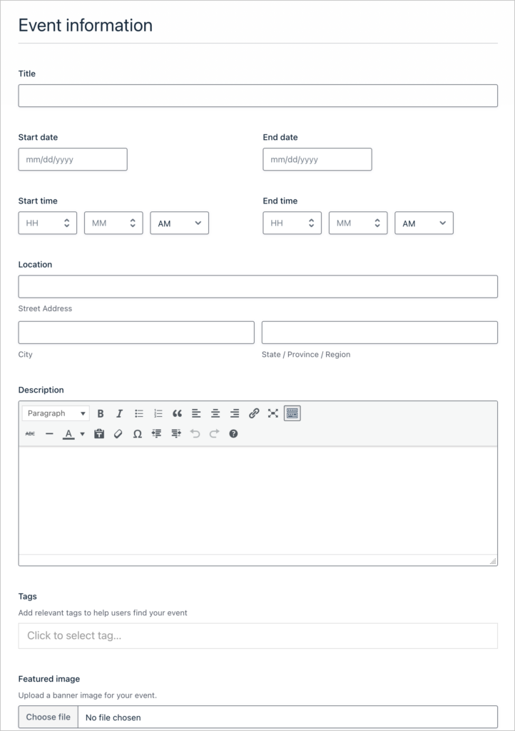 An event submission form built using Gravity Forms