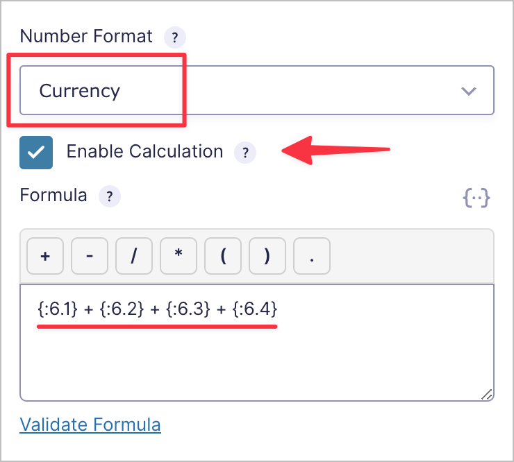 A drop down labeled 'Number Format', set to 'Currency', and a checkbox labeled 'Enable Calculation'.