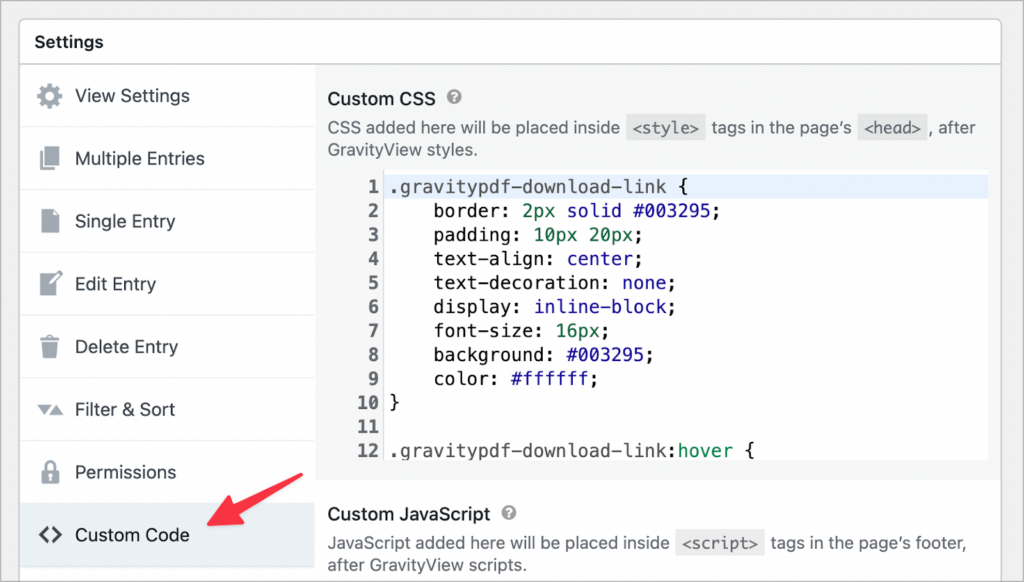 The 'Custom Code' setting panel containing custom CSS code 