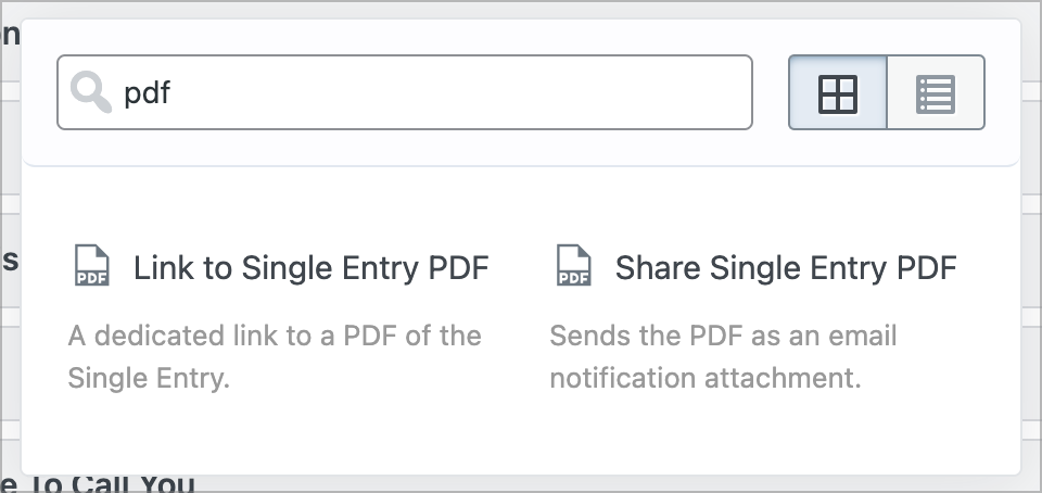The 'Link to Single Entry PDF' and 'Share Single Entry PDF' fields