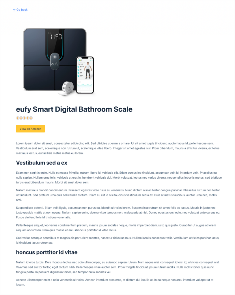 A product review for a product titled eufy Smart Digital Bathroom Scale, complete with a button to purchase on Amazon