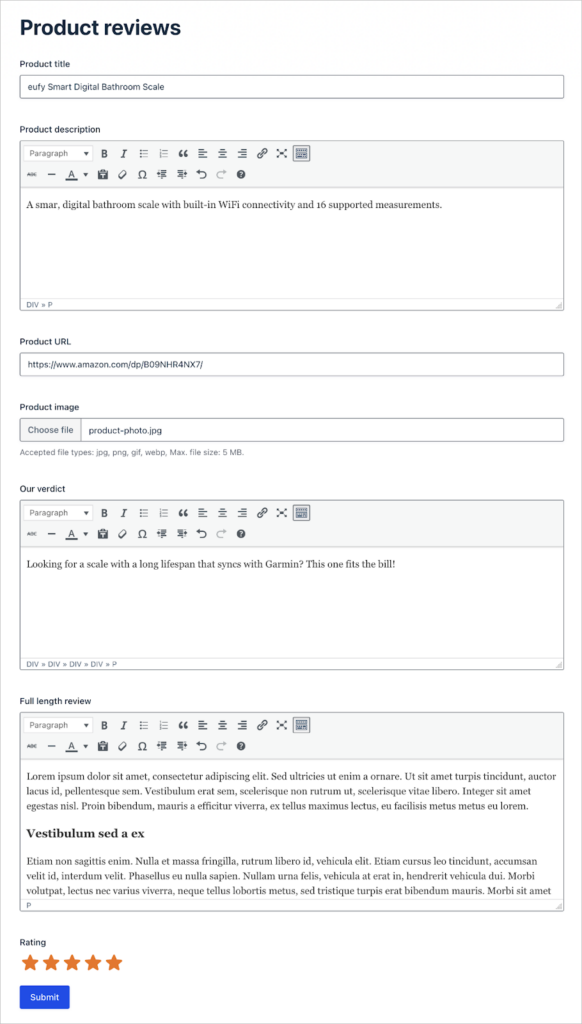 A product review form containing fields for the product title, description, and more