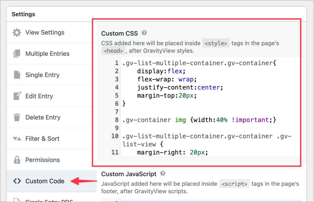 The 'Custom CSS' panel in the GravityView settings